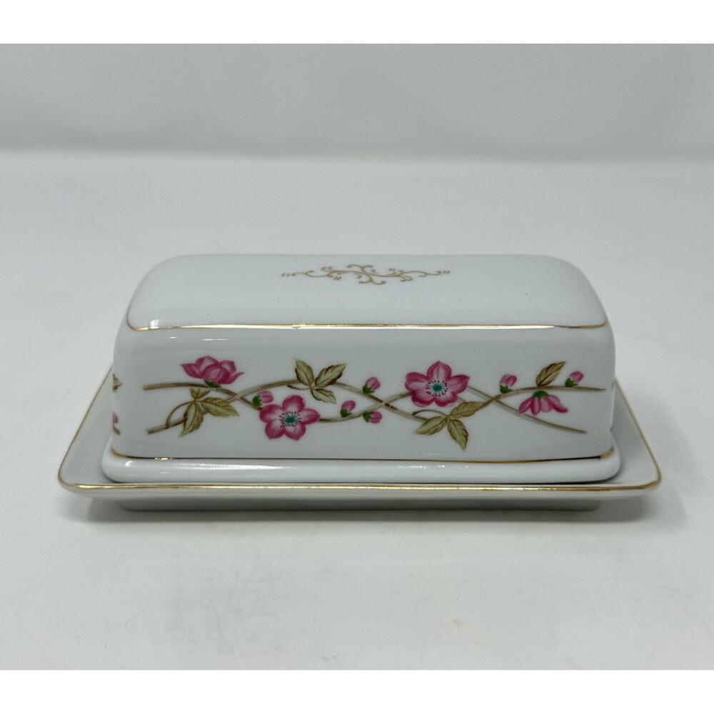 Vintage Valmont Briar Rose Butter Dish, Porcelain Floral Gold Trim, Cottagecore